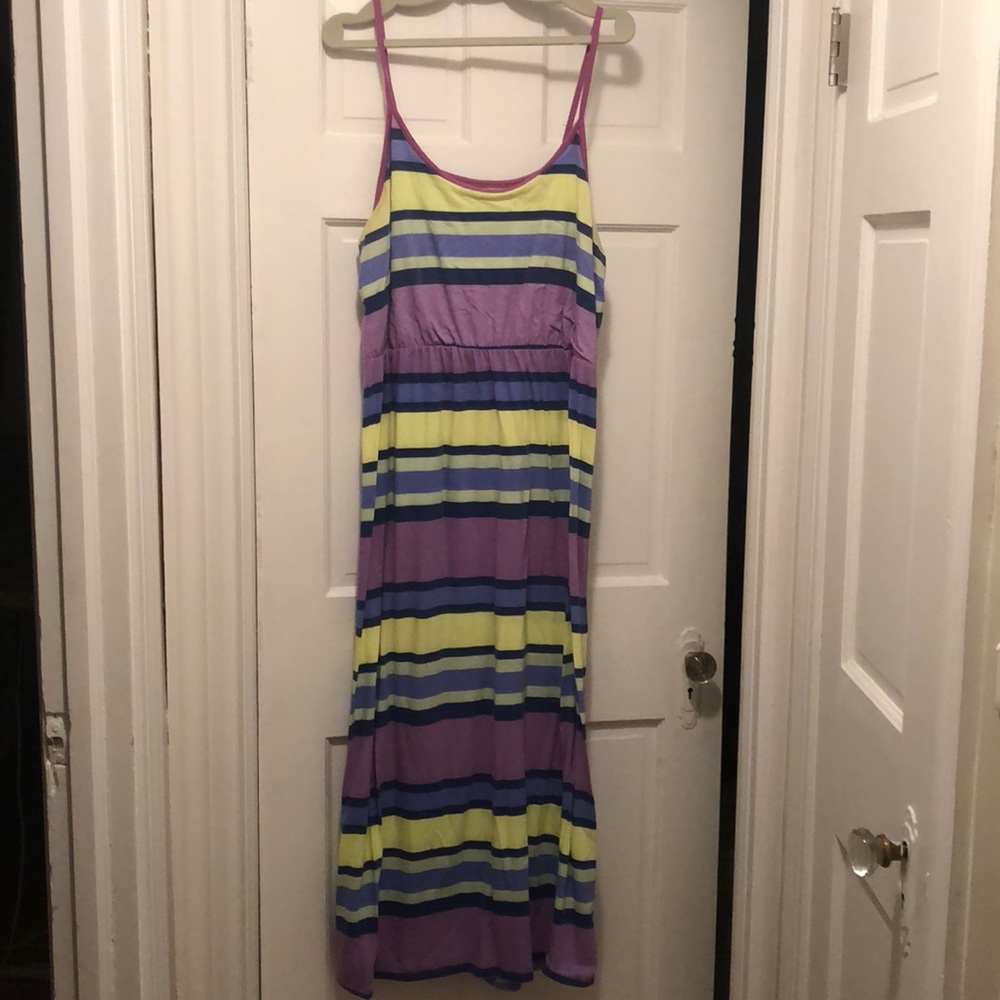 Purple, blue, lime green/yellow striped maxi dress